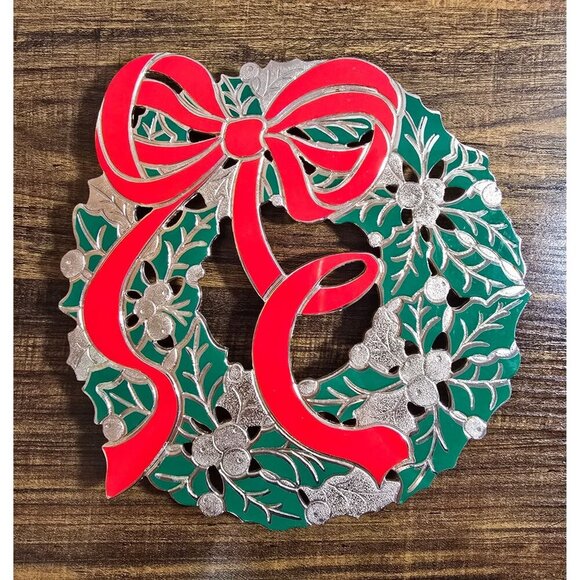 Vintage Holiday Wreath Trivet Silver plate Enamel By Wm. A. Rogers 1986 Japan - Picture 7 of 16
